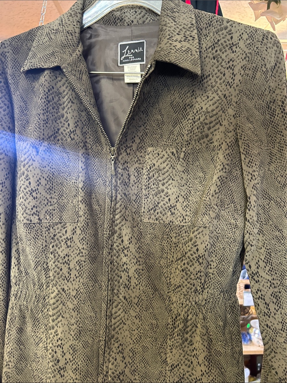 Nina Leonard Olive Snake-Print Zip Jacket
